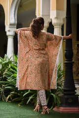 Mystical Mustard Handblock Mul Cotton Kaftan And Bottom Set