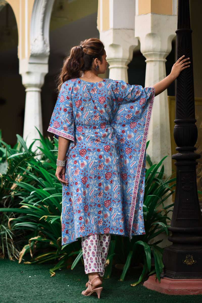 Baby Blue Cotton Kaftan And Bottom Set
