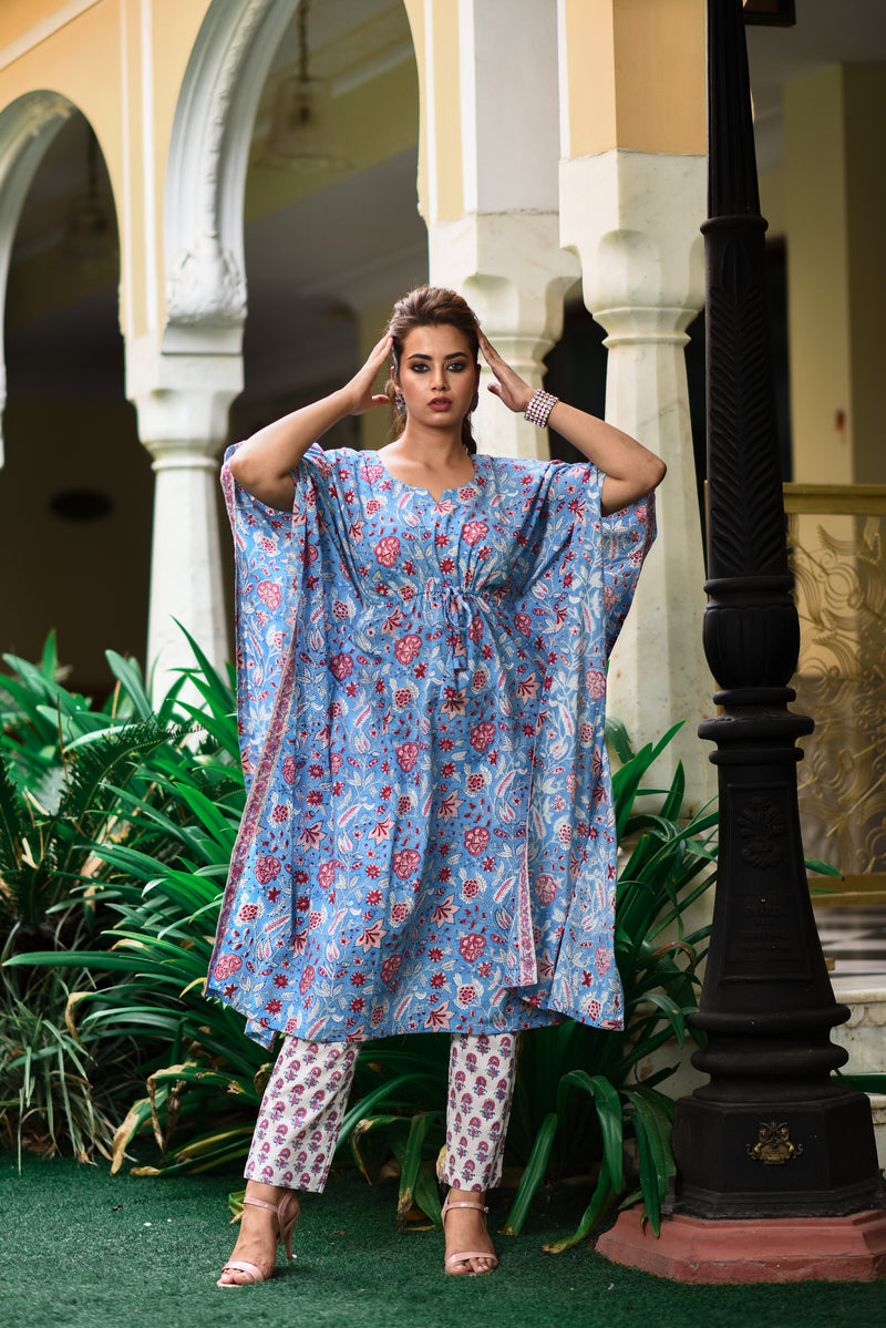 Baby Blue Cotton Kaftan And Bottom Set