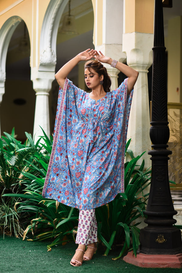 Baby Blue Cotton Kaftan And Bottom Set