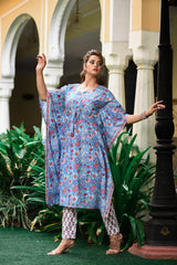 Baby Blue Cotton Kaftan And Bottom Set
