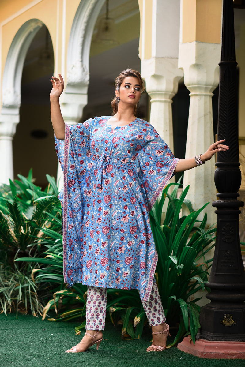 Baby Blue Cotton Kaftan And Bottom Set