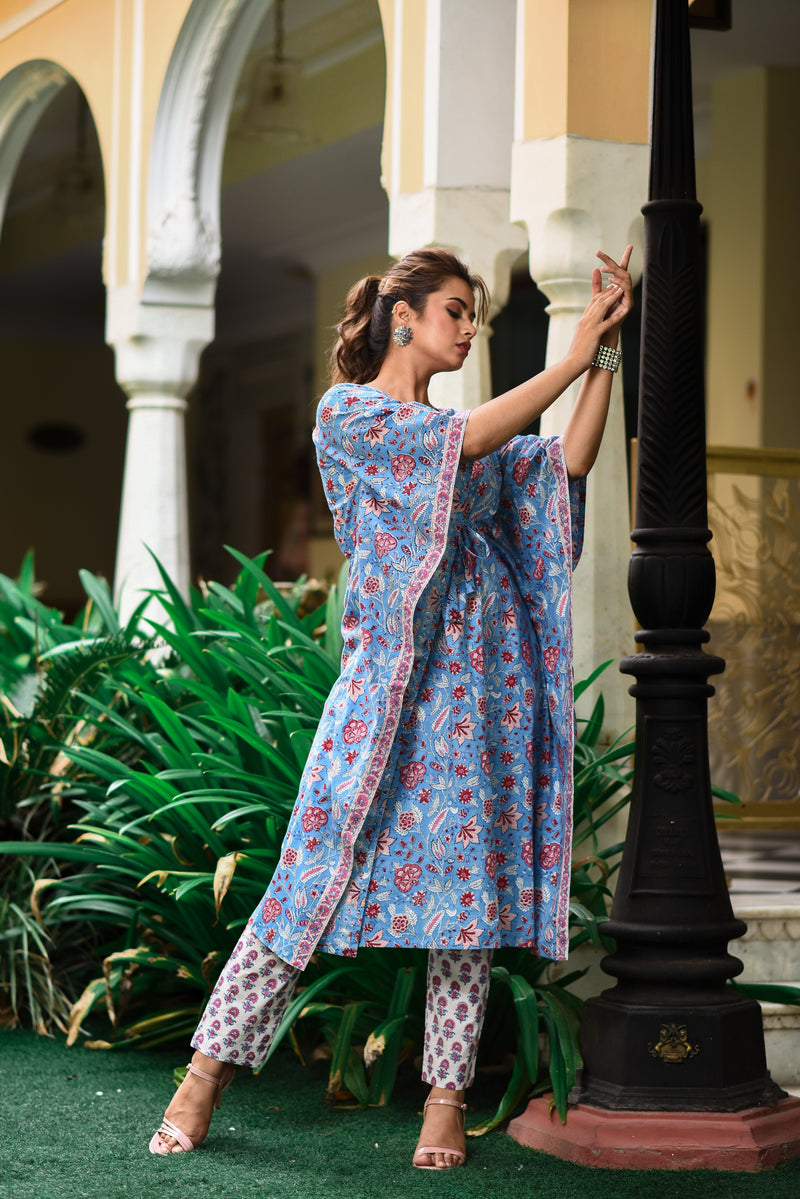 Baby Blue Cotton Kaftan And Bottom Set