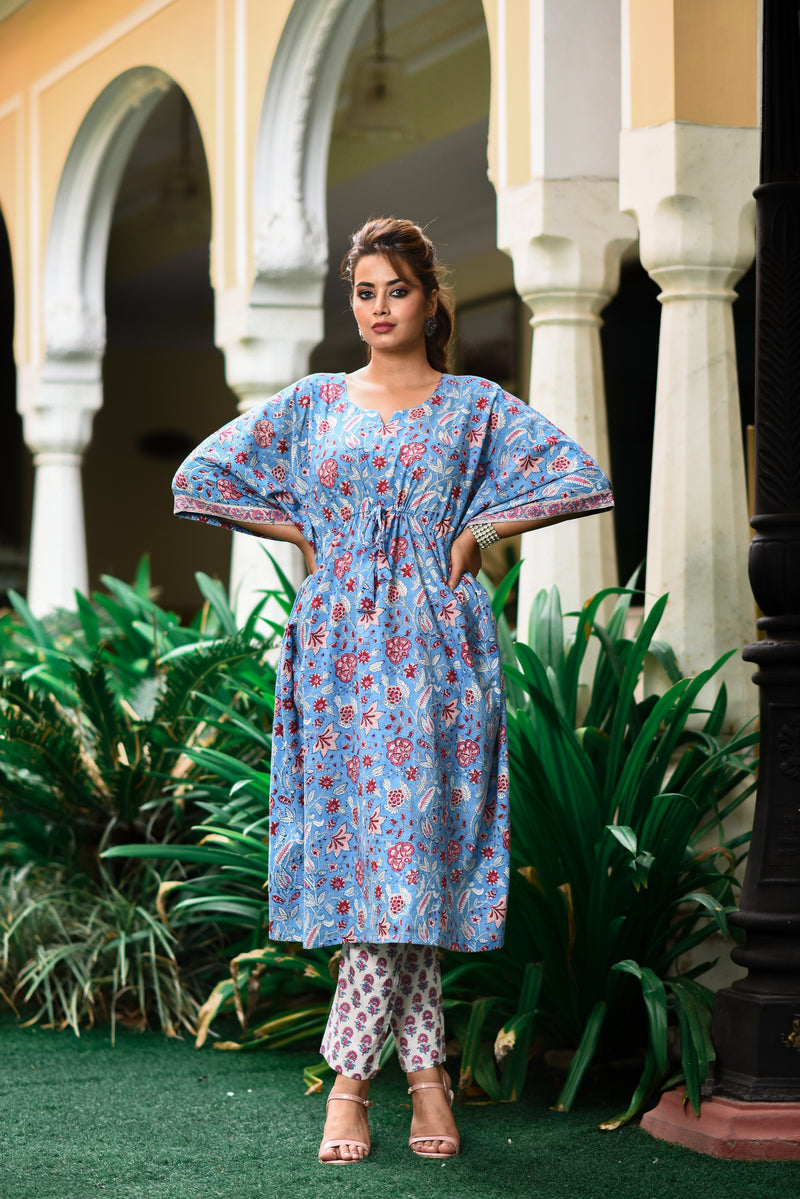 Baby Blue Cotton Kaftan And Bottom Set