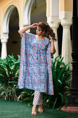 Baby Blue Cotton Kaftan And Bottom Set