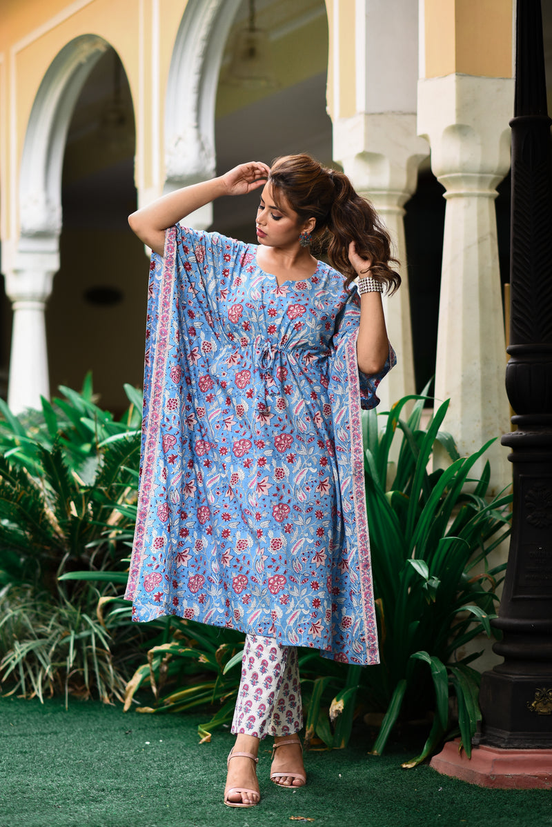 Baby Blue Cotton Kaftan And Bottom Set