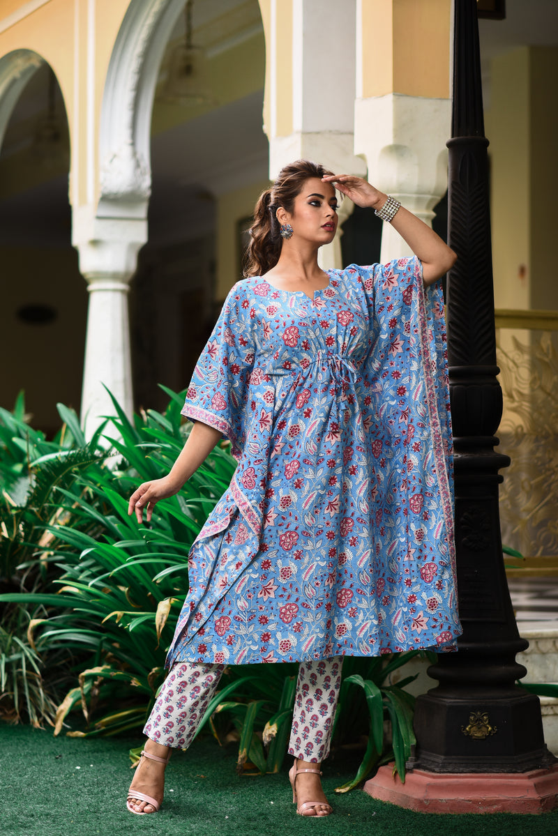 Baby Blue Cotton Kaftan And Bottom Set