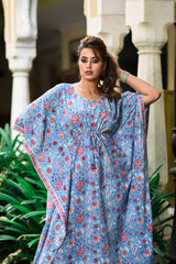 Baby Blue Cotton Kaftan And Bottom Set
