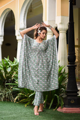 Monochromatic Grey Floral Handblock Kaftan And Bottom Set