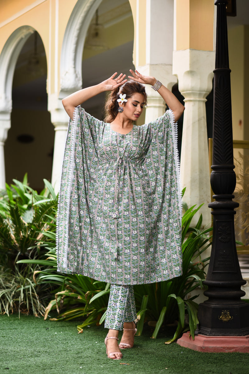 Monochromatic Grey Floral Handblock Kaftan And Bottom Set