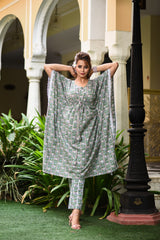 Monochromatic Grey Floral Handblock Kaftan And Bottom Set