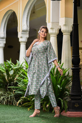 Monochromatic Grey Floral Handblock Kaftan And Bottom Set