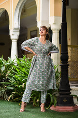 Monochromatic Grey Floral Handblock Kaftan And Bottom Set
