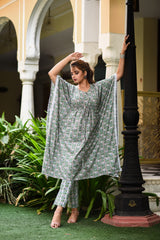 Monochromatic Grey Floral Handblock Kaftan And Bottom Set