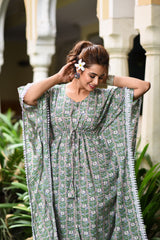 Monochromatic Grey Floral Handblock Kaftan And Bottom Set