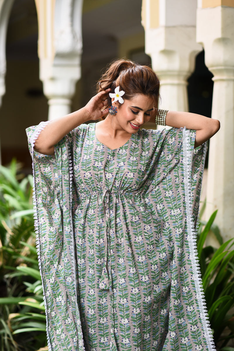 Monochromatic Grey Floral Handblock Kaftan And Bottom Set