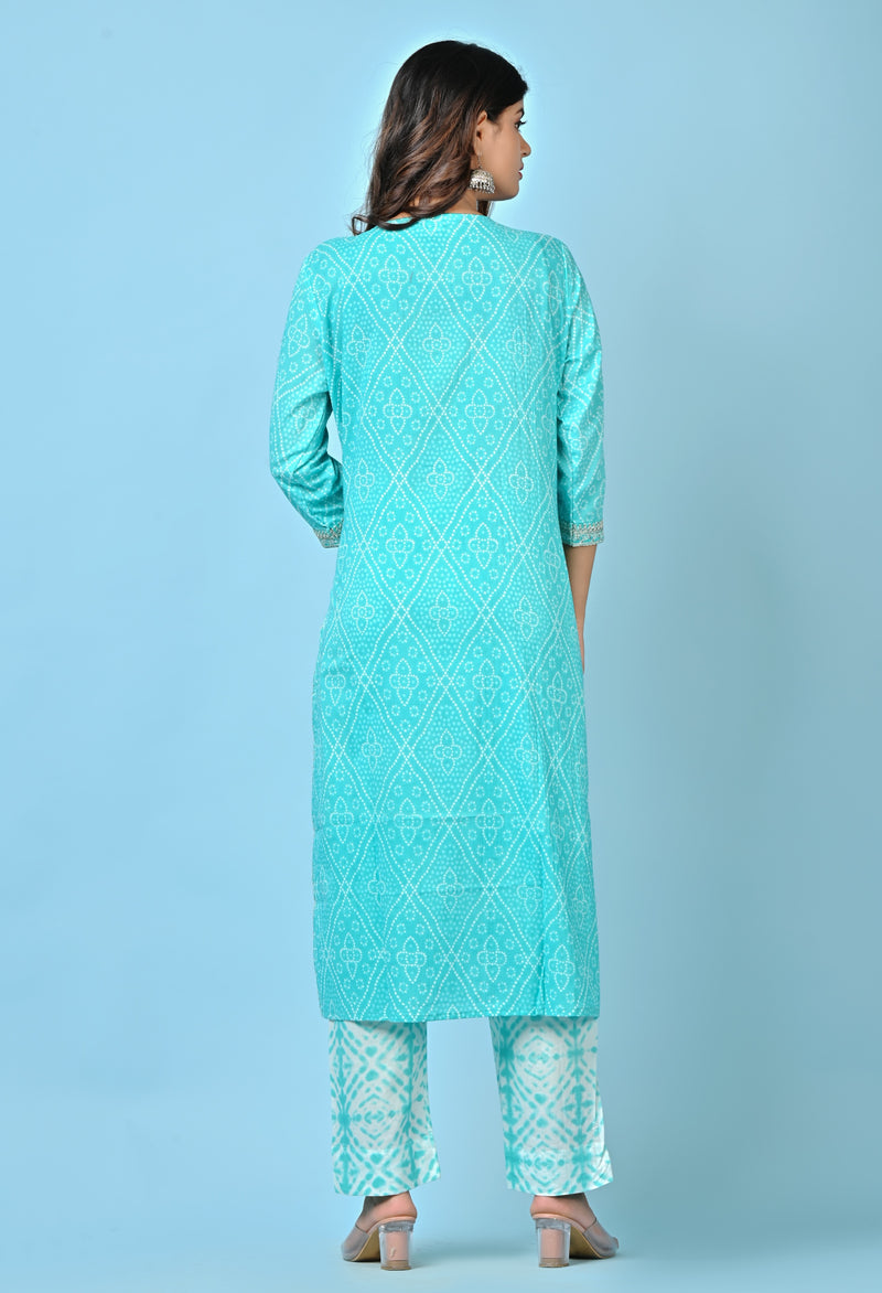 Embellished Detail On Sky Blue Handblock Print Suit Set With Cotton Dupatta