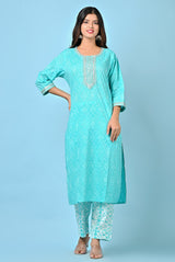 Embellished Detail On Sky Blue Handblock Print Suit Set With Cotton Dupatta
