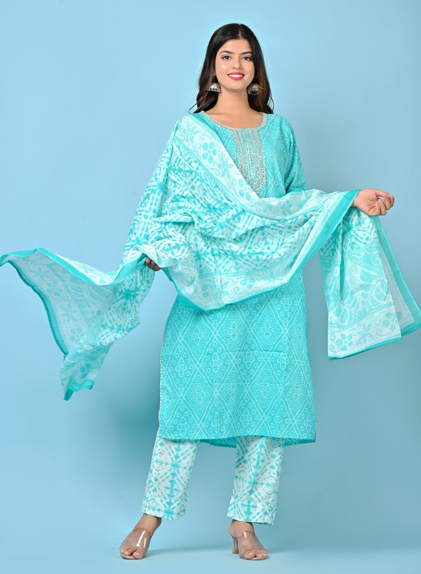 Embellished Detail On Sky Blue Handblock Print Suit Set With Cotton Dupatta