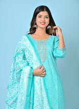 Embellished Detail On Sky Blue Handblock Print Suit Set With Cotton Dupatta
