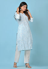 White floral print on pastel blue with lace finishing Kurta With Pant Only