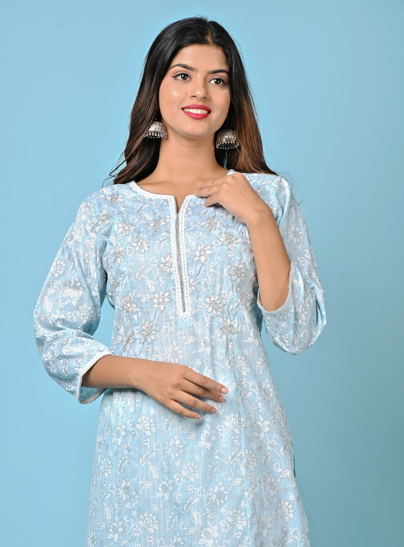 White floral print on pastel blue with lace finishing Kurta With Pant Only