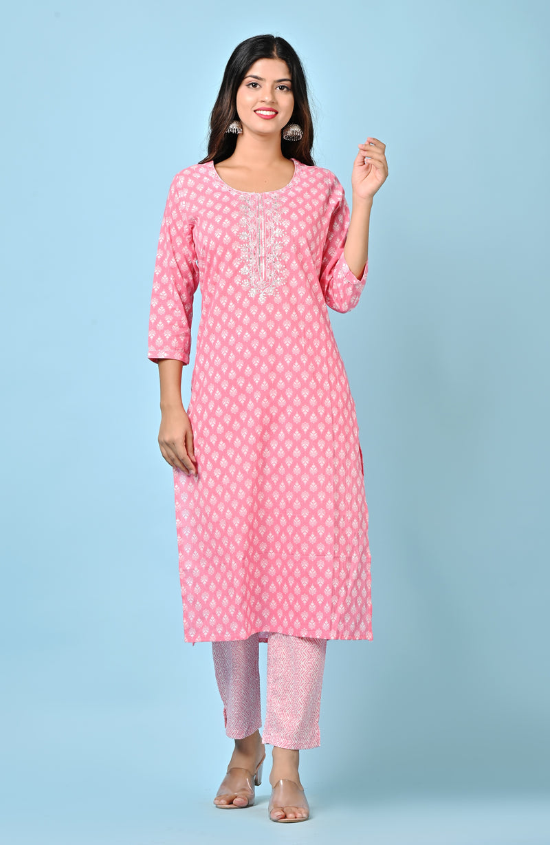 Beautiful Rose Pink handblock Print Kurta With Pant Only
