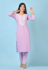 Intricate Lace Detail On Soft Lavender Handblock Print Suit Set With Cotton Dupatta
