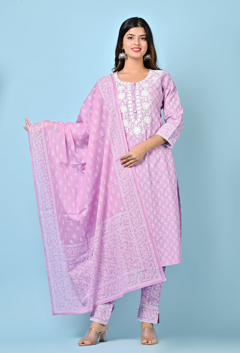 Intricate Lace Detail On Soft Lavender Handblock Print Suit Set With Cotton Dupatta