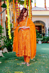 Honey Yellow Bandhani Anarkali Suit Set