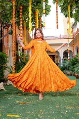 Festive Yellow Bandhani Anarkali Gota Dress