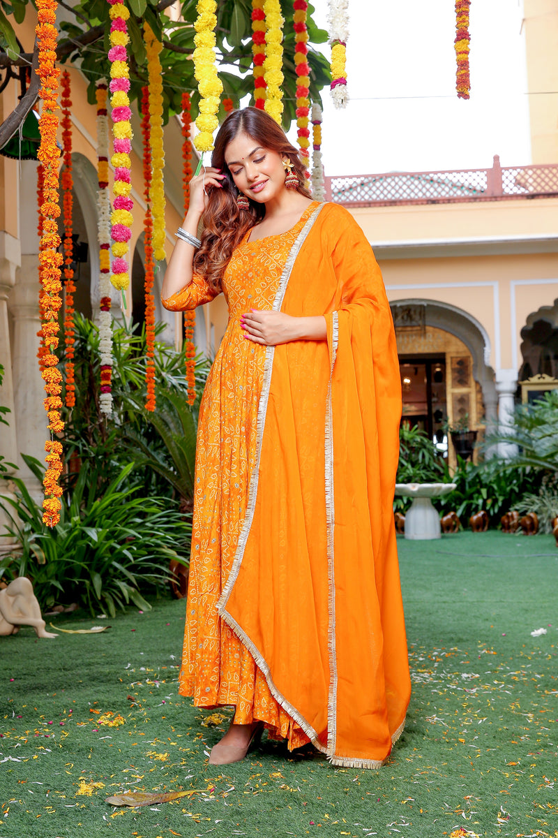 Festive Yellow Bandhani Anarkali Gota Dress