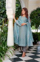 Cyan Dreams Chanderi Relaxed Fit Suit Set