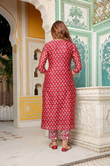 Strawberry Red Chanderi Handblock Suit Set