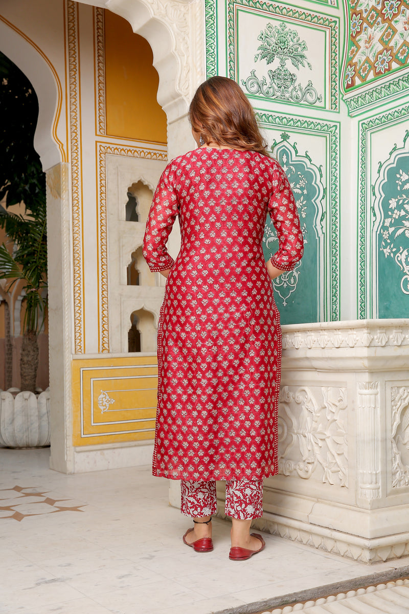Strawberry Red Chanderi Handblock Suit Set