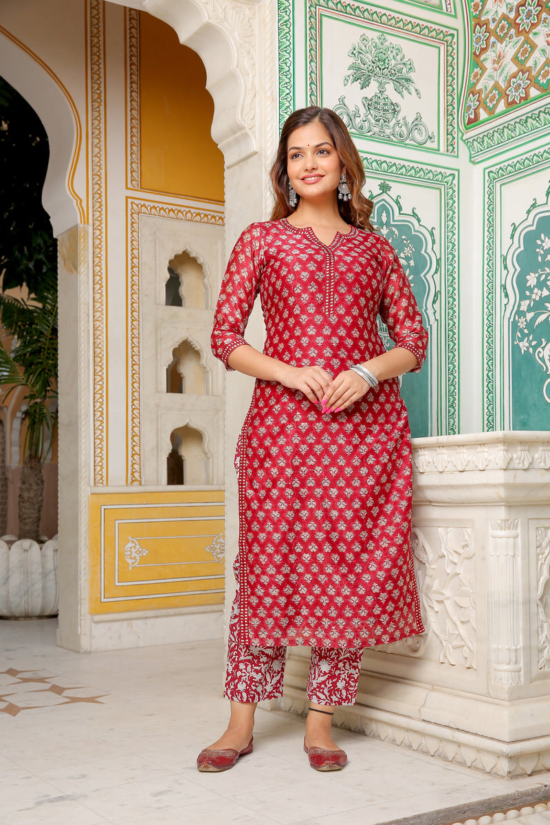 Strawberry Red Chanderi Handblock Suit Set