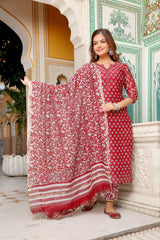 Strawberry Red Chanderi Handblock Suit Set