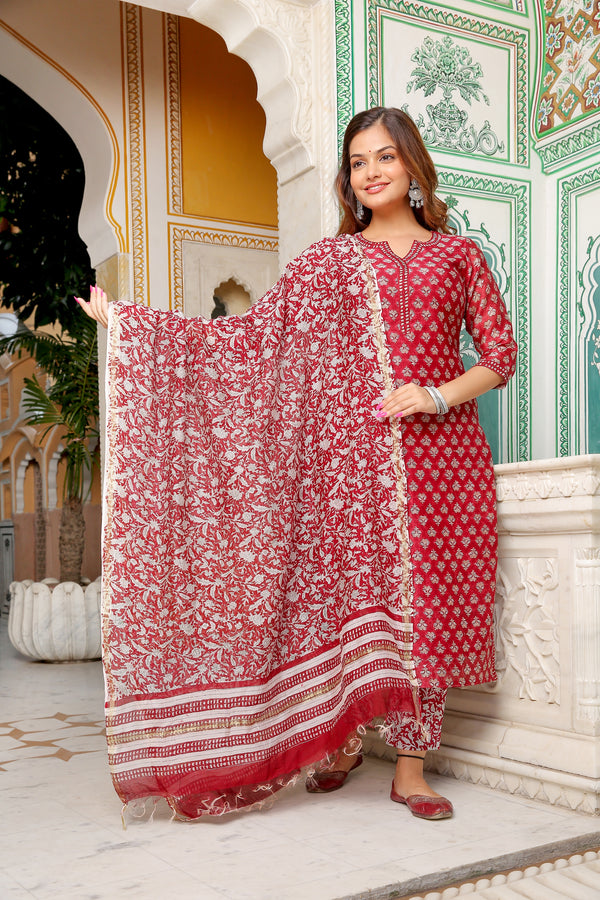 Strawberry Red Chanderi Handblock Suit Set