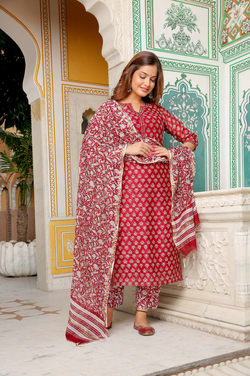Strawberry Red Chanderi Handblock Suit Set