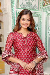 Strawberry Red Chanderi Handblock Suit Set