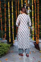 Blue-White Handblock Chanderi Dupatta Suit Set
