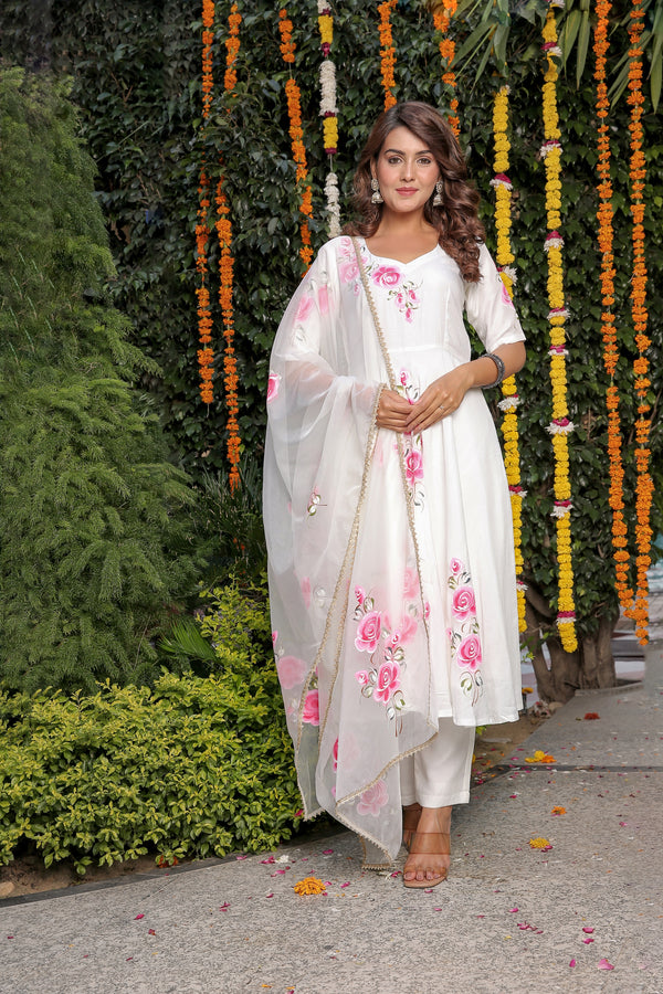 Snow White Muslin Silk Anarkali Suit Set