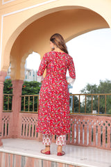 Cadmium Red white lace Floral Print Handblock Kurta And Pant Only
