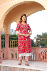 Cadmium Red white lace Floral Print Handblock Kurta And Pant Only