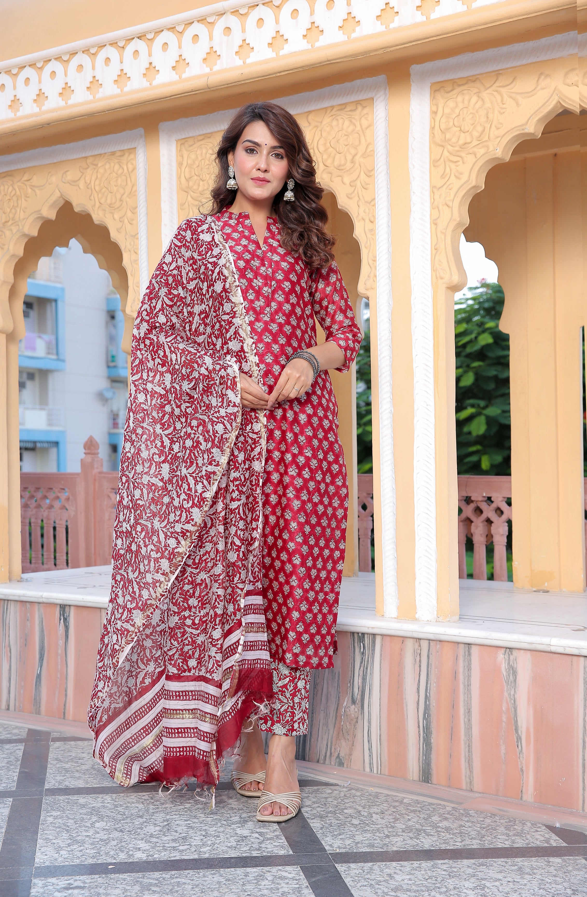 EXCLUSIVE HAND BLOCK PRINT CHANDERI SILK SUIT SET main image 0