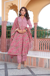 Pink Glory Floral Handblock Anarkali Suit Set