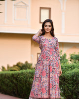 Beautiful Gather Floral Handblock print Cotton Kurta Only