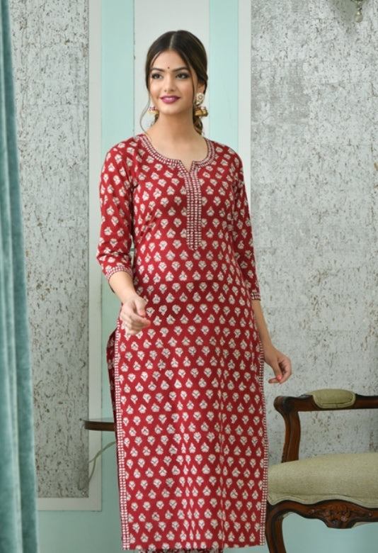 Berry red straight fit handblock Kurta Only
