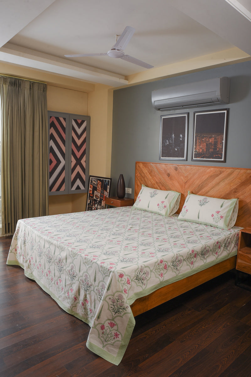 Ready To Rest Floral Pure Handblock King Size Bedsheet