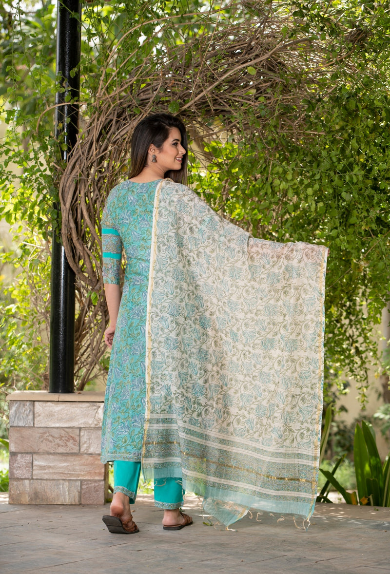 Premium Jade Chanderi Silk Handblock Suit with contrast Off-white Dupatta